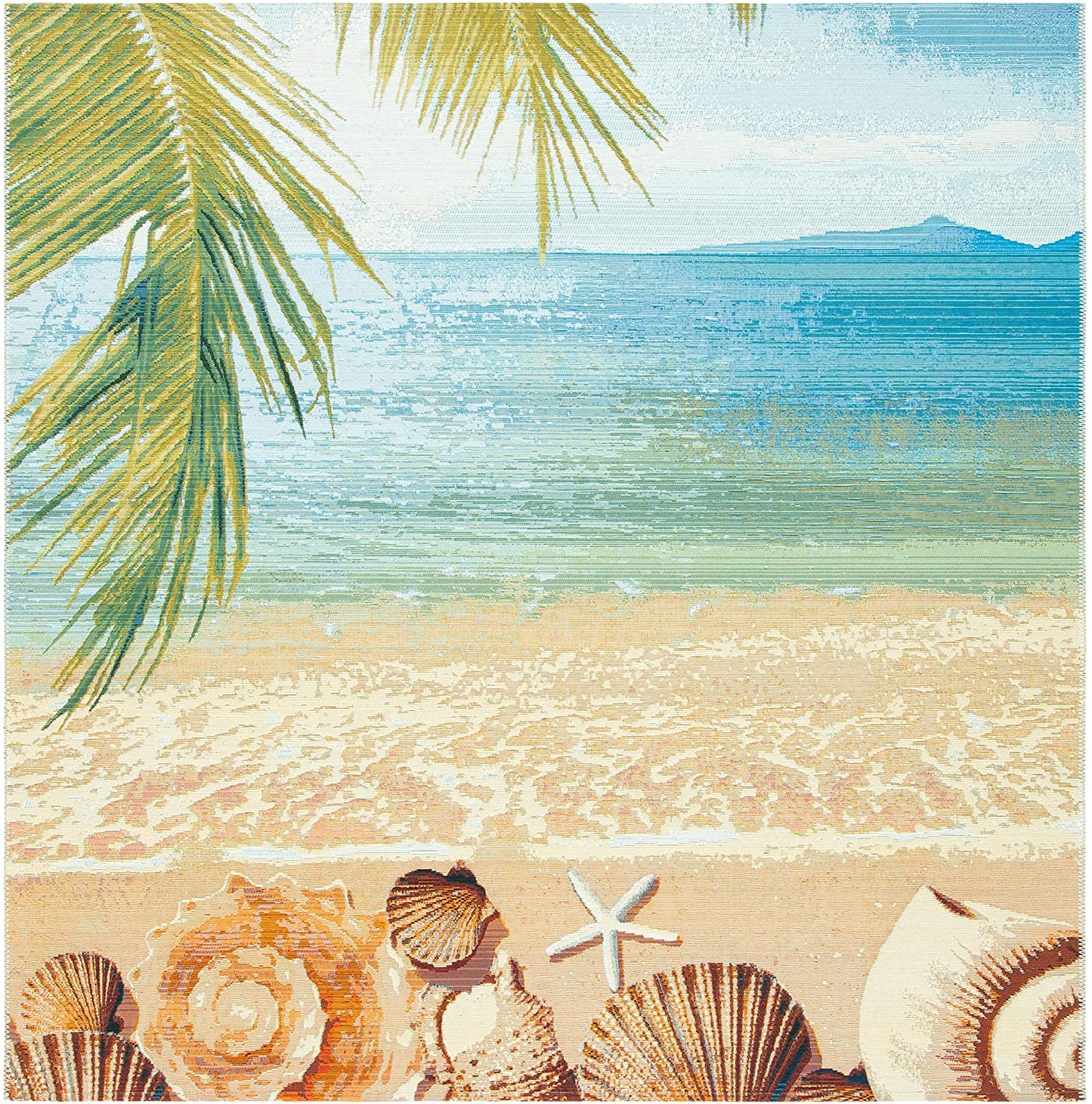 Tropical Beach Seashell Indoor/ Outdoor Patio Backyard Area Rug, Gold / Blue