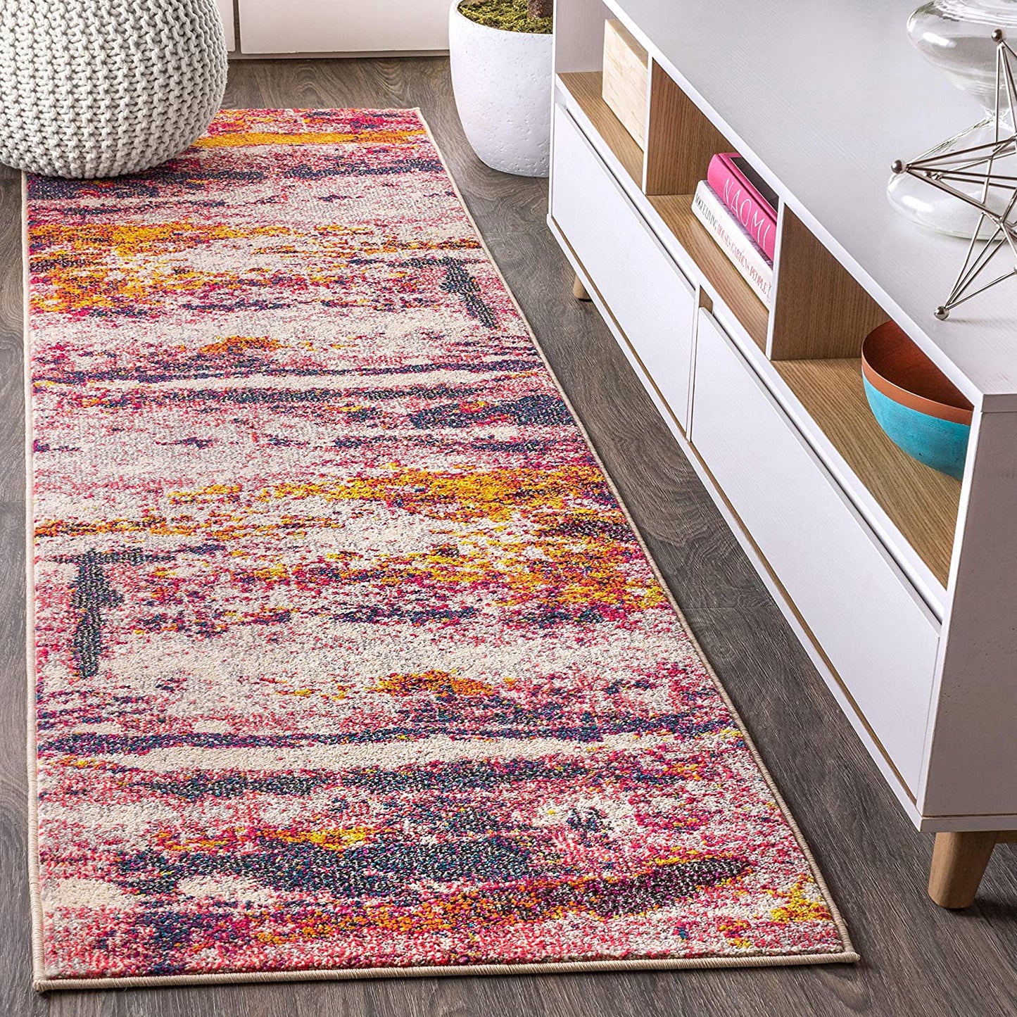 Modern Abstract Brushstroke Pink/Cream Soft Rug