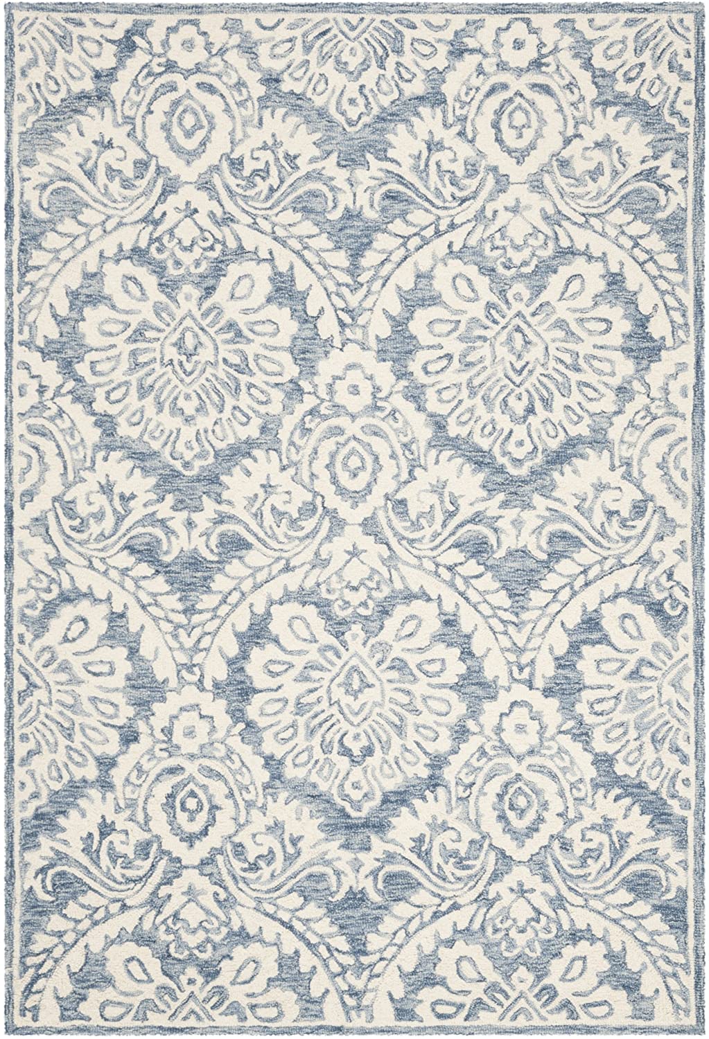 Damask Handmade Premium Wool Area Rug, Blue / Ivory