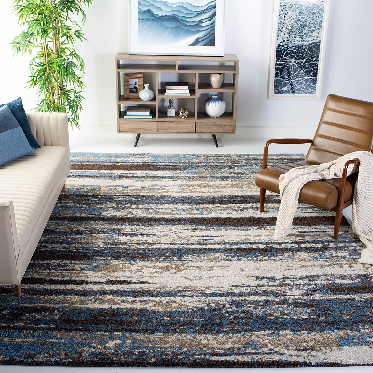 Cream and Blue Modern Abstract Area Rug