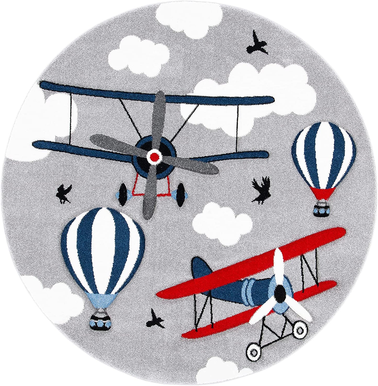 Carousel Kids Collection Airplane Hot Air Balloon Non-Shedding Area Rug Light Grey/Red