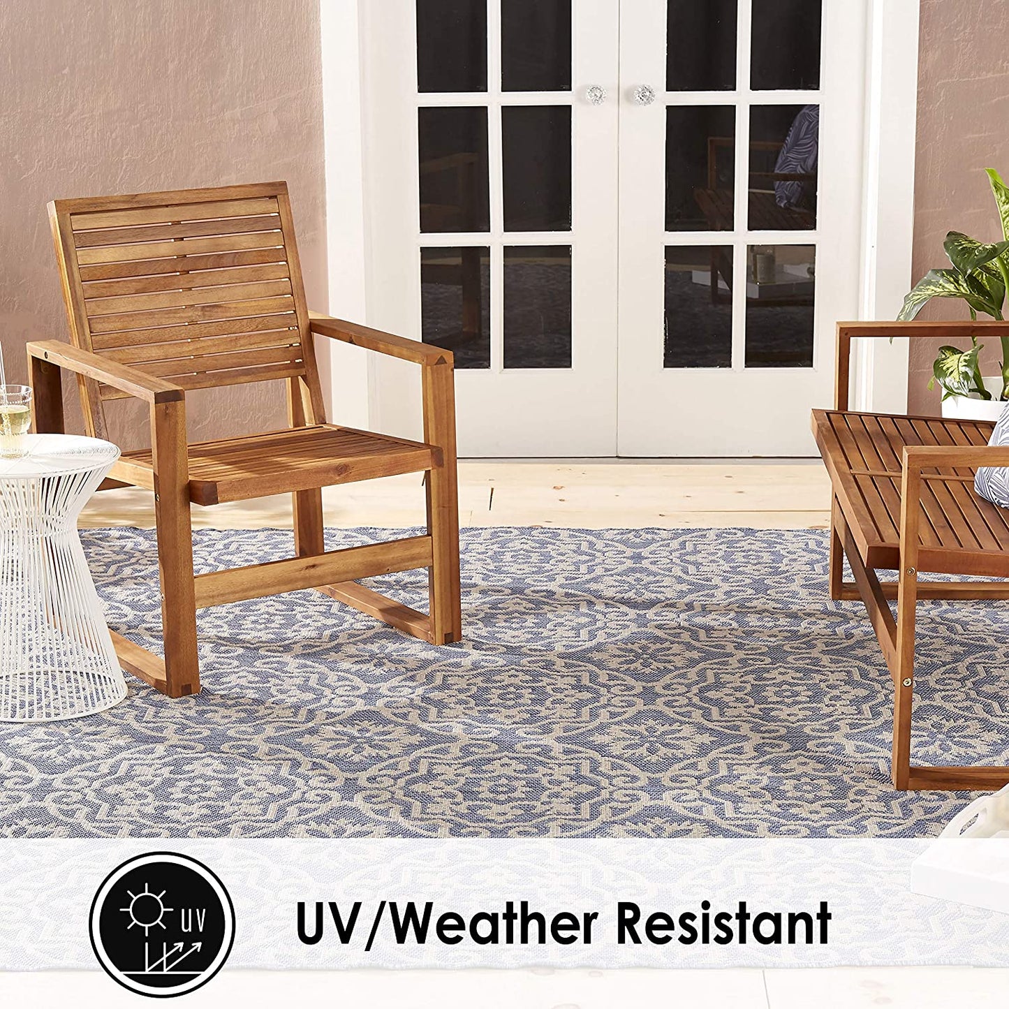 Damask Pattern Blue Grey Indoor/Outdoor Area Rug - UV/Weather Resistant