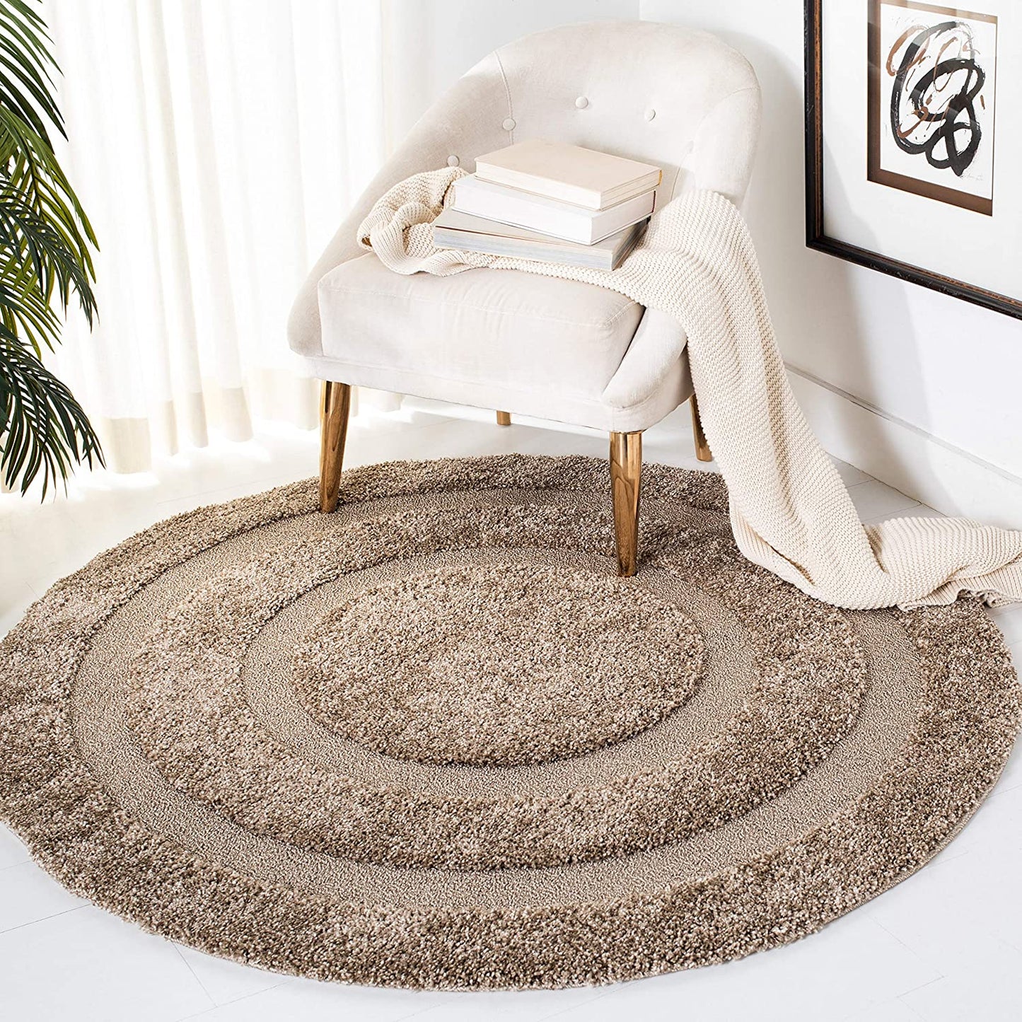 Box Border Beige Thick Plush Shag Area Rug