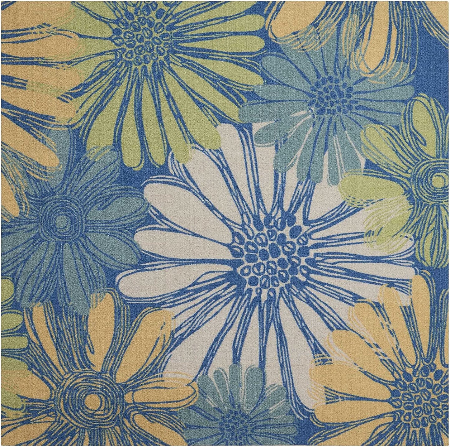 Floral Blue Yellow Indoor/Outdoor Blue Area Rug