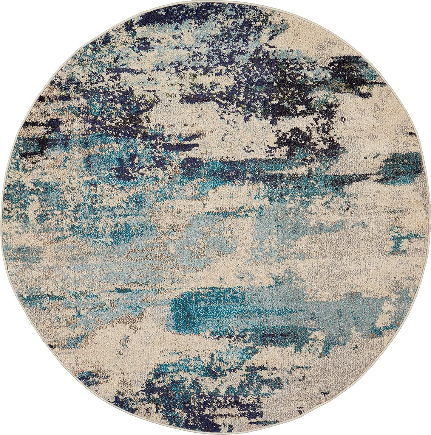 Modern Abstract Area Rug,  Ivory/Teal Blue