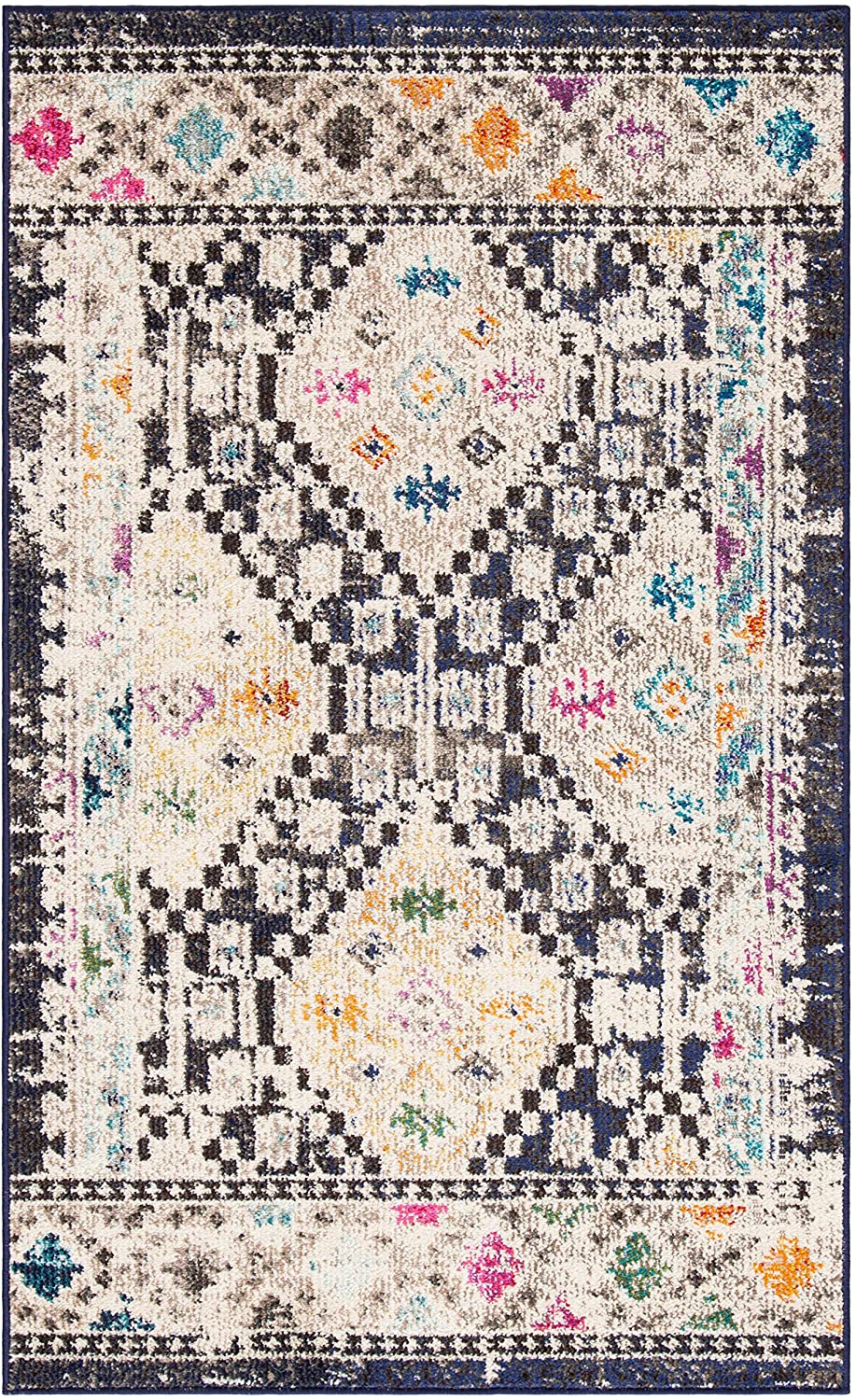 Boho Diamond Distressed Area Rug, Black / Yellow