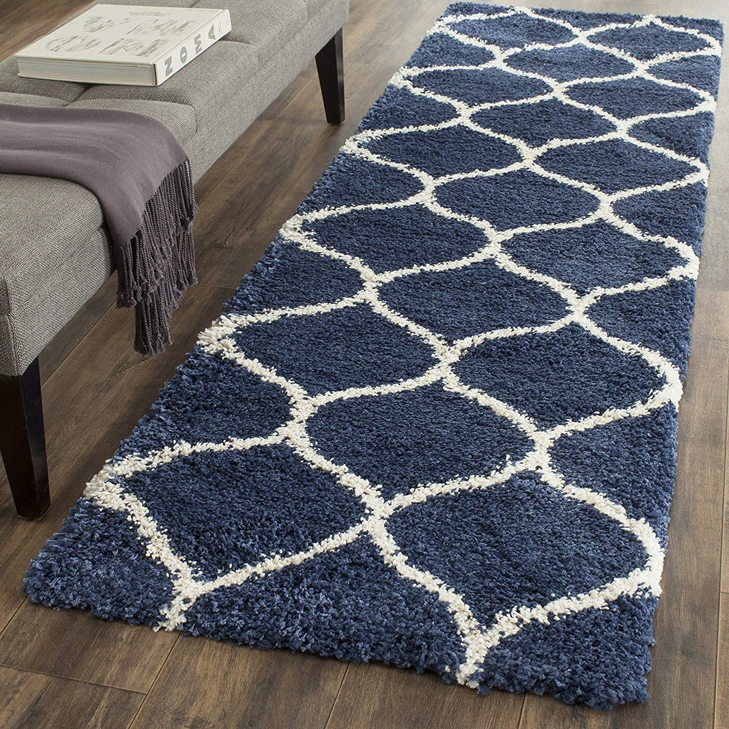 Moroccan Pattern Navy Ivory Plush Shag Area Rug