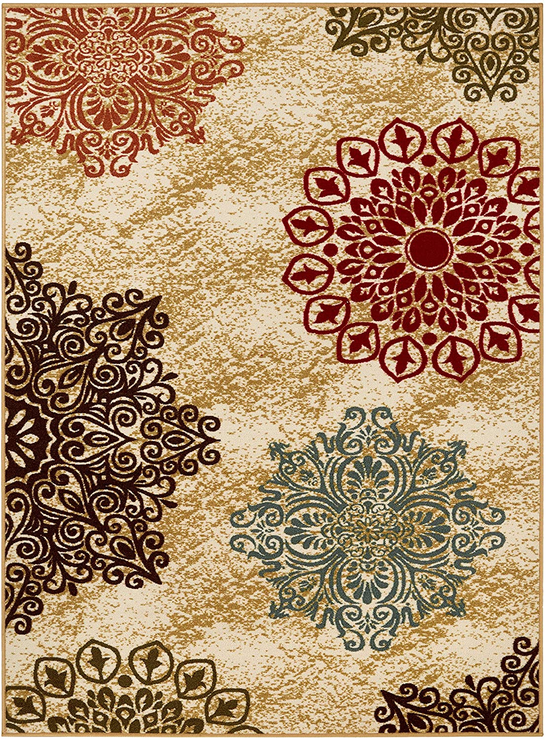 Modern Floral Non-Skid (Non-Slip) Low Profile Pile Rubber Backing Indoor Area Rugs Beige