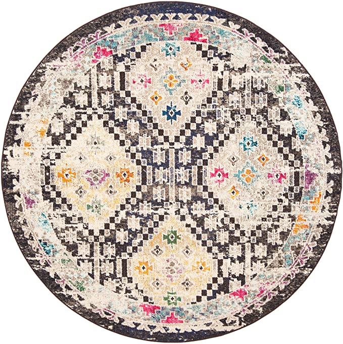 Boho Diamond Distressed Area Rug, Black / Yellow