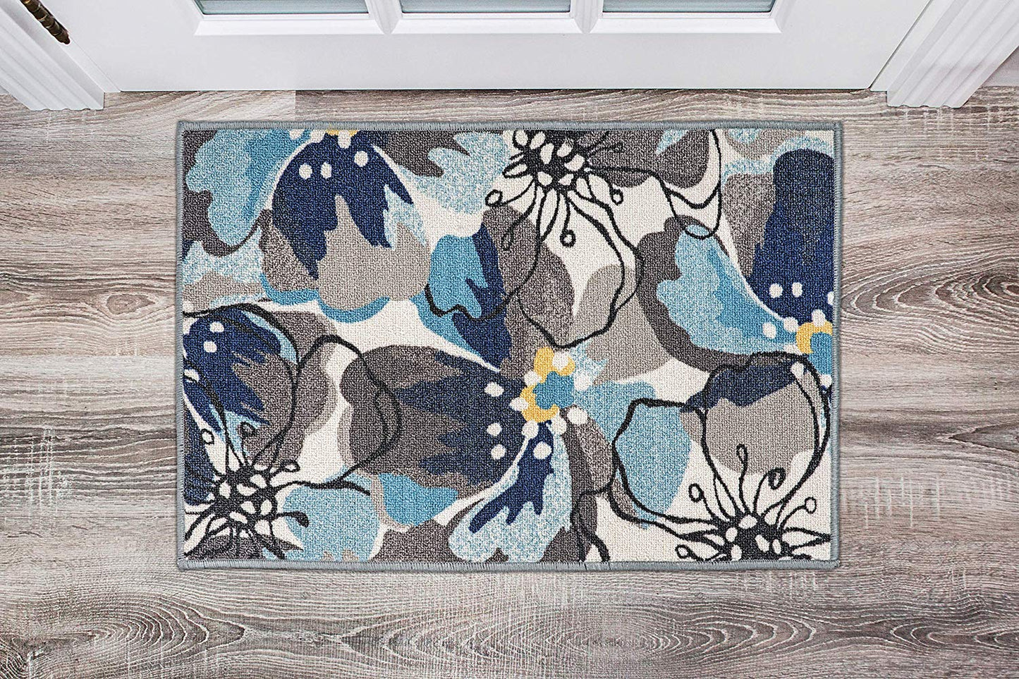 Blue Gray Ivory Floral Area Rug Non Slip/ No Skid - Low Pile