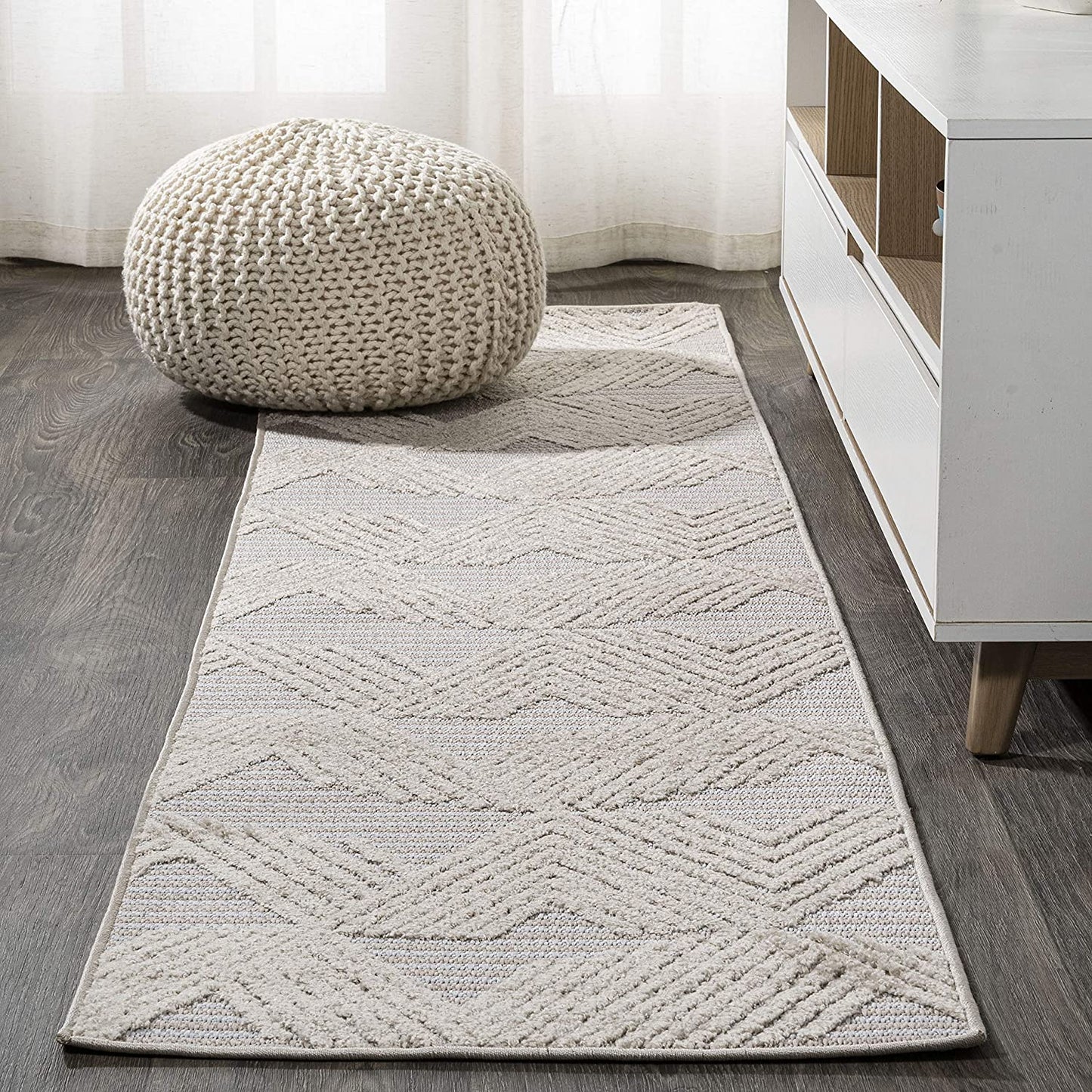 Jazz High-Low Pile Art Deco Geometric Indoor/Outdoor Beige Area Rug
