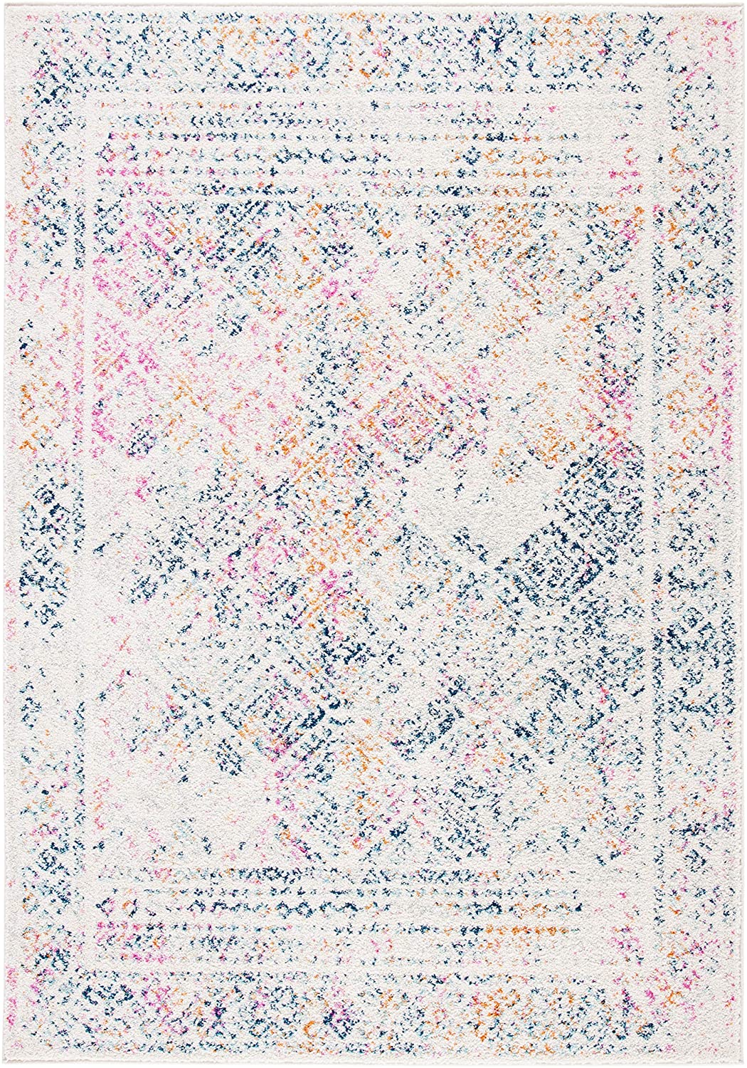 Moroccan Boho Distressed Ivory / Dark Blue Soft Area Rug