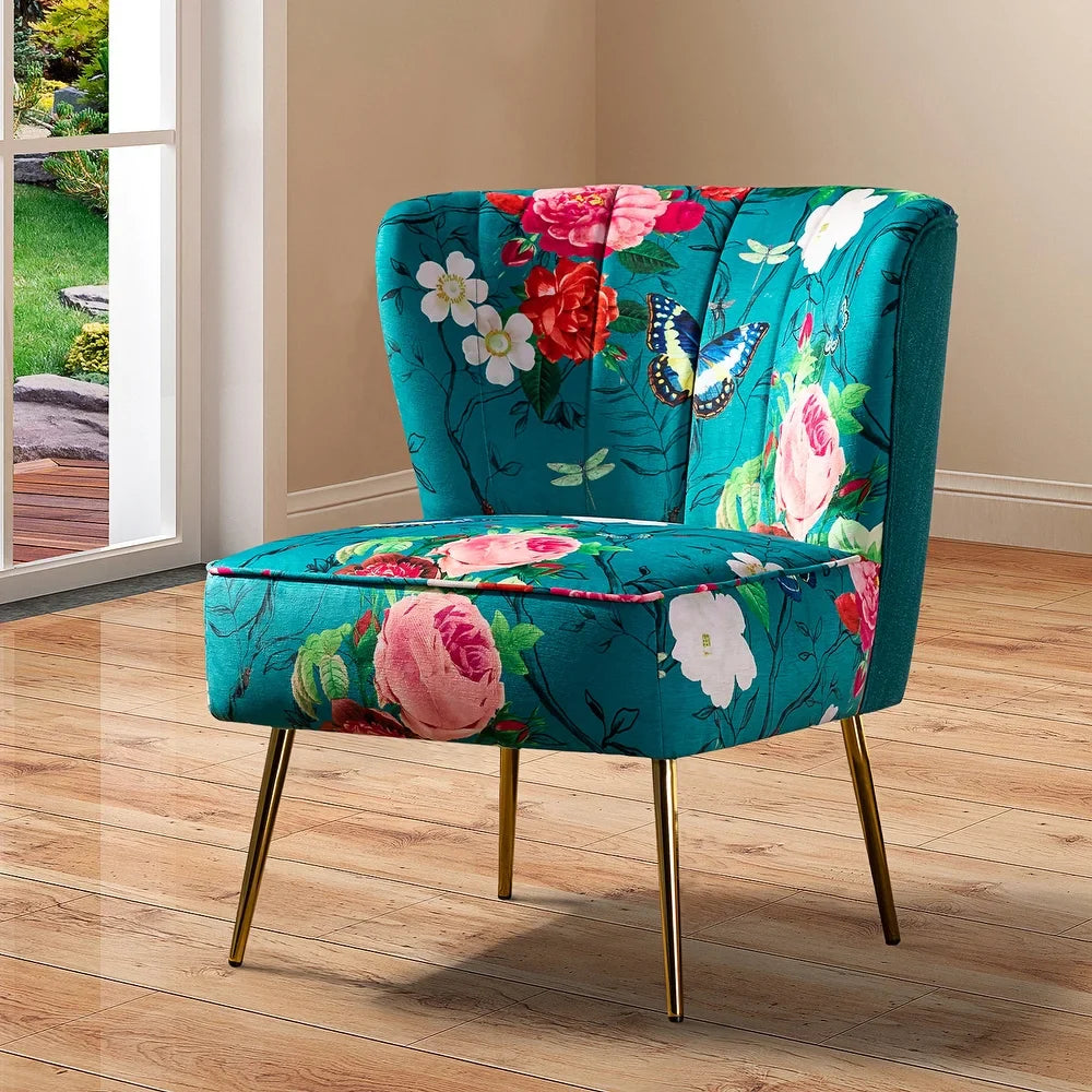 Udine Bold Classical Patterned Tufted Side Chair with Goldtone Legs