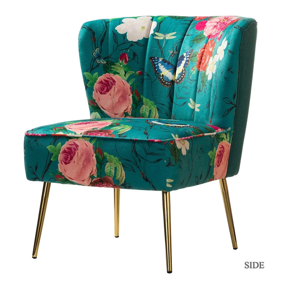 Udine Bold Classical Patterned Tufted Side Chair with Goldtone Legs