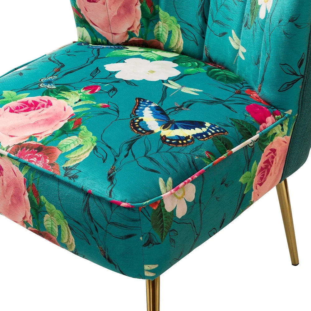 Udine Bold Classical Patterned Tufted Side Chair with Goldtone Legs