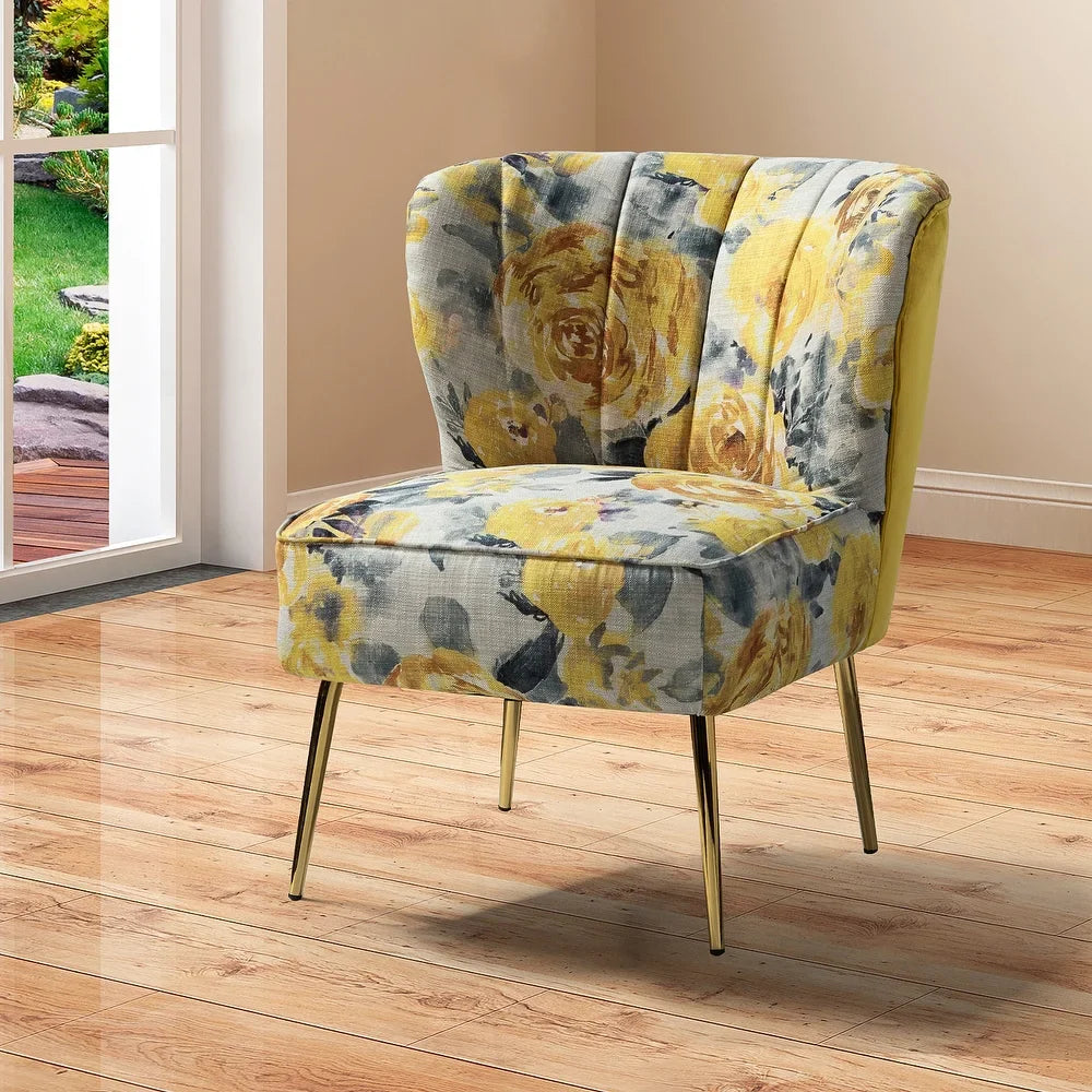 Udine Bold Classical Patterned Tufted Side Chair with Goldtone Legs