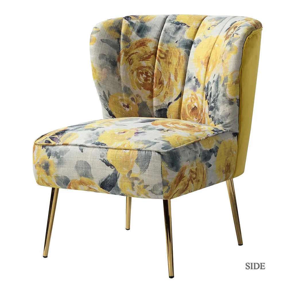 Udine Bold Classical Patterned Tufted Side Chair with Goldtone Legs