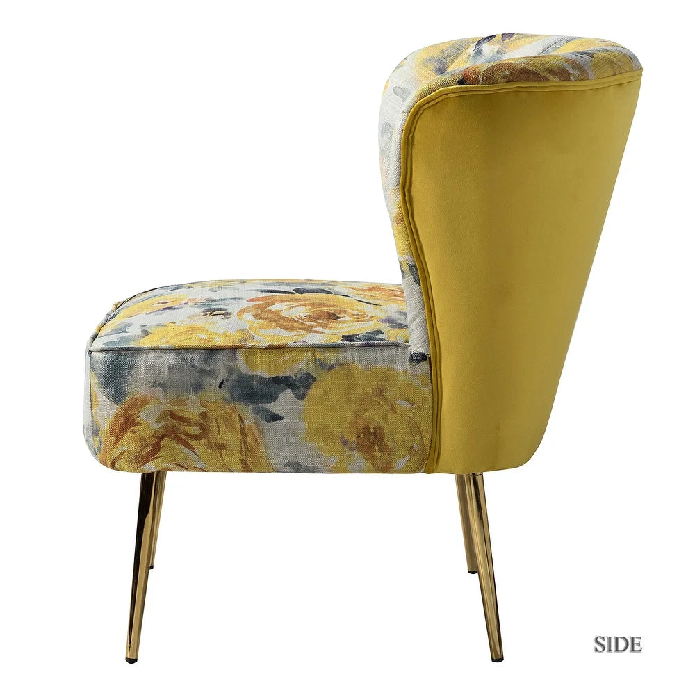 Udine Bold Classical Patterned Tufted Side Chair with Goldtone Legs