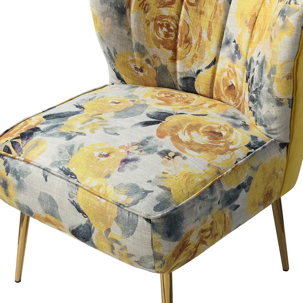 Udine Bold Classical Patterned Tufted Side Chair with Goldtone Legs