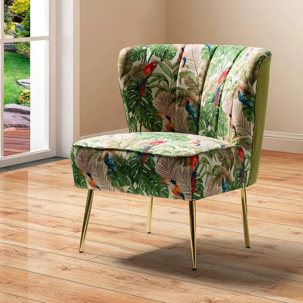 Udine Bold Classical Patterned Tufted Side Chair with Goldtone Legs