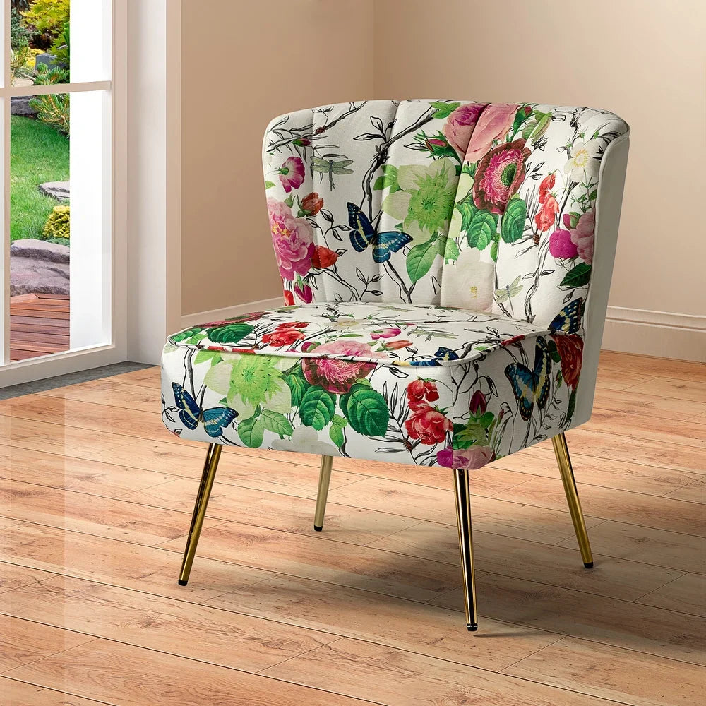 Udine Bold Classical Patterned Tufted Side Chair with Goldtone Legs
