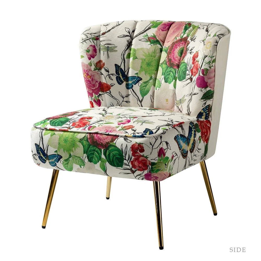 Udine Bold Classical Patterned Tufted Side Chair with Goldtone Legs