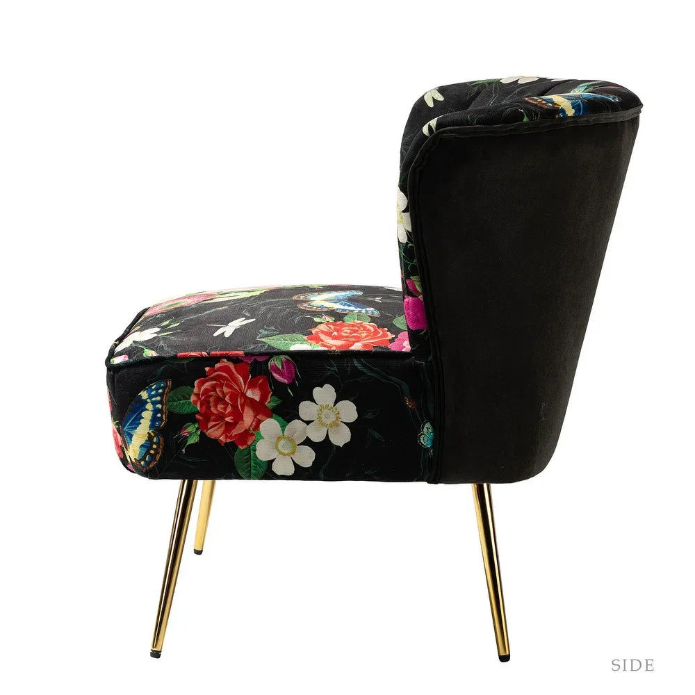 Udine Bold Classical Patterned Tufted Side Chair with Goldtone Legs