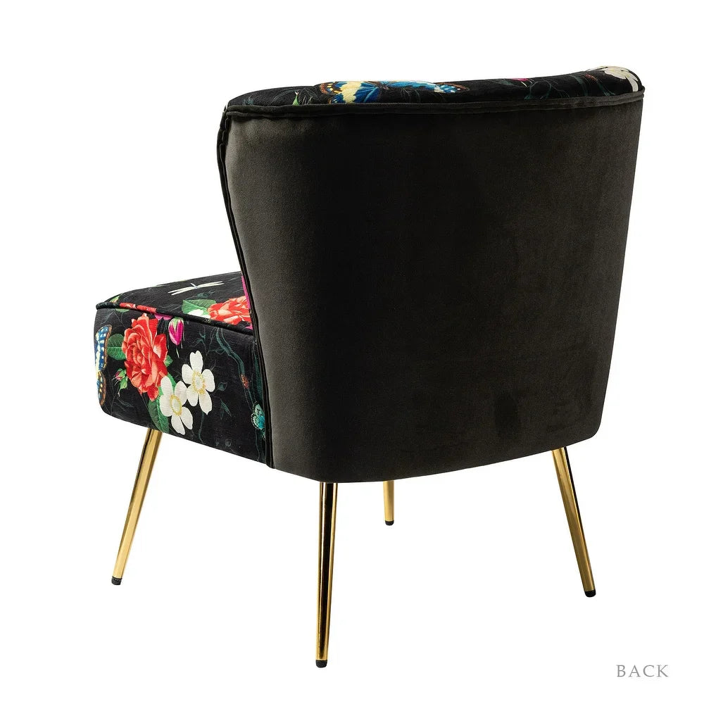 Udine Bold Classical Patterned Tufted Side Chair with Goldtone Legs