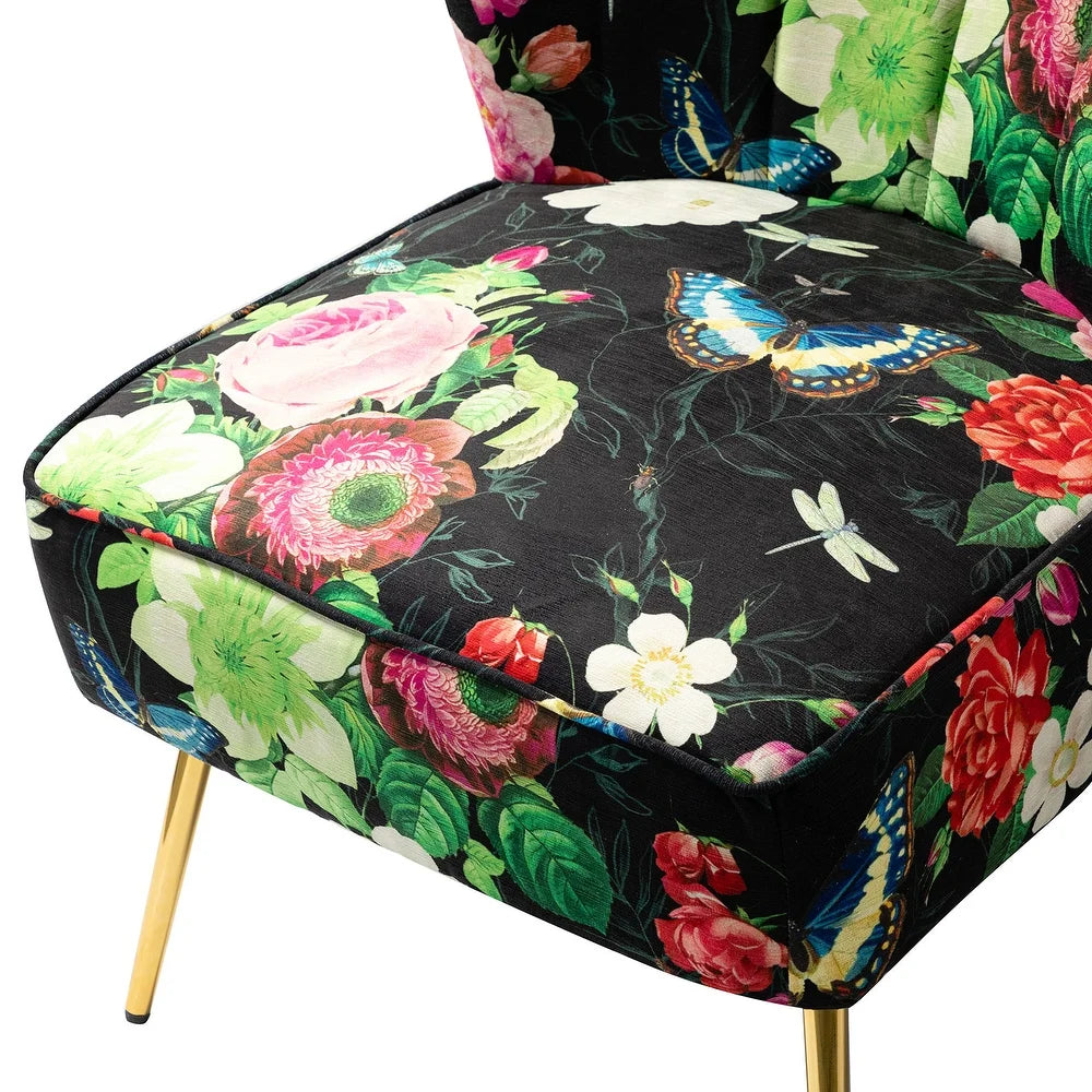 Udine Bold Classical Patterned Tufted Side Chair with Goldtone Legs