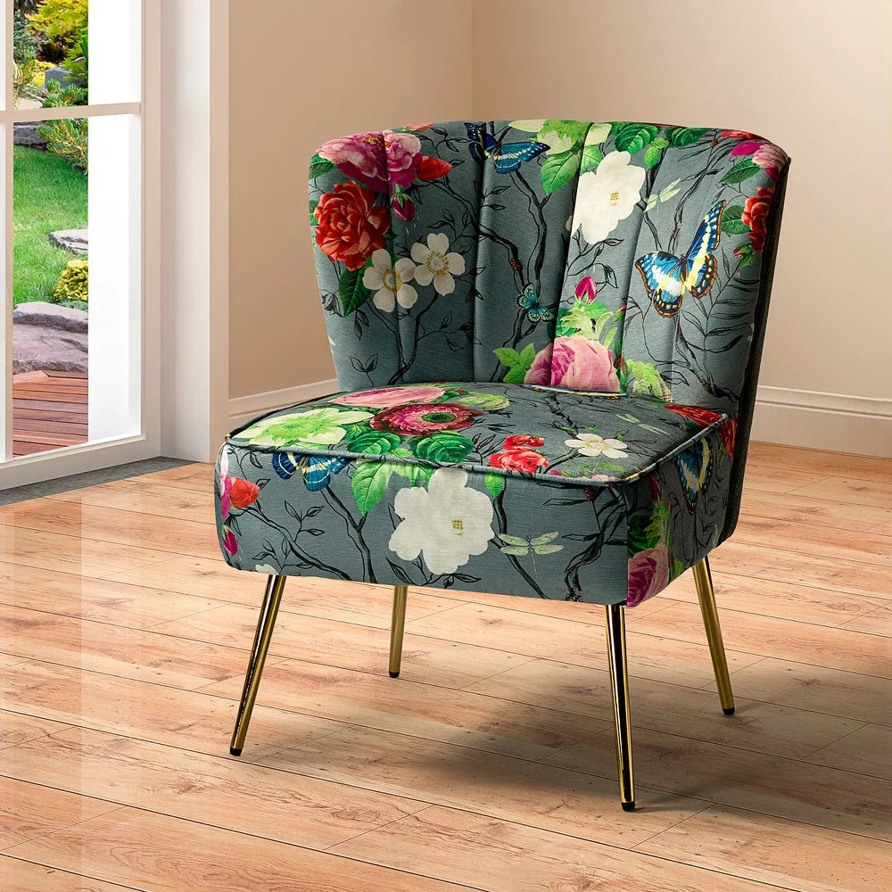 Udine Bold Classical Patterned Tufted Side Chair with Goldtone Legs
