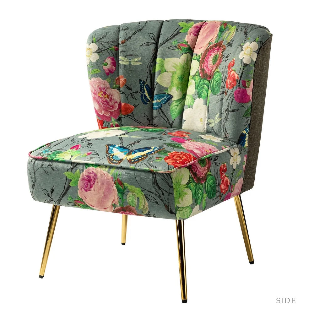 Udine Bold Classical Patterned Tufted Side Chair with Goldtone Legs