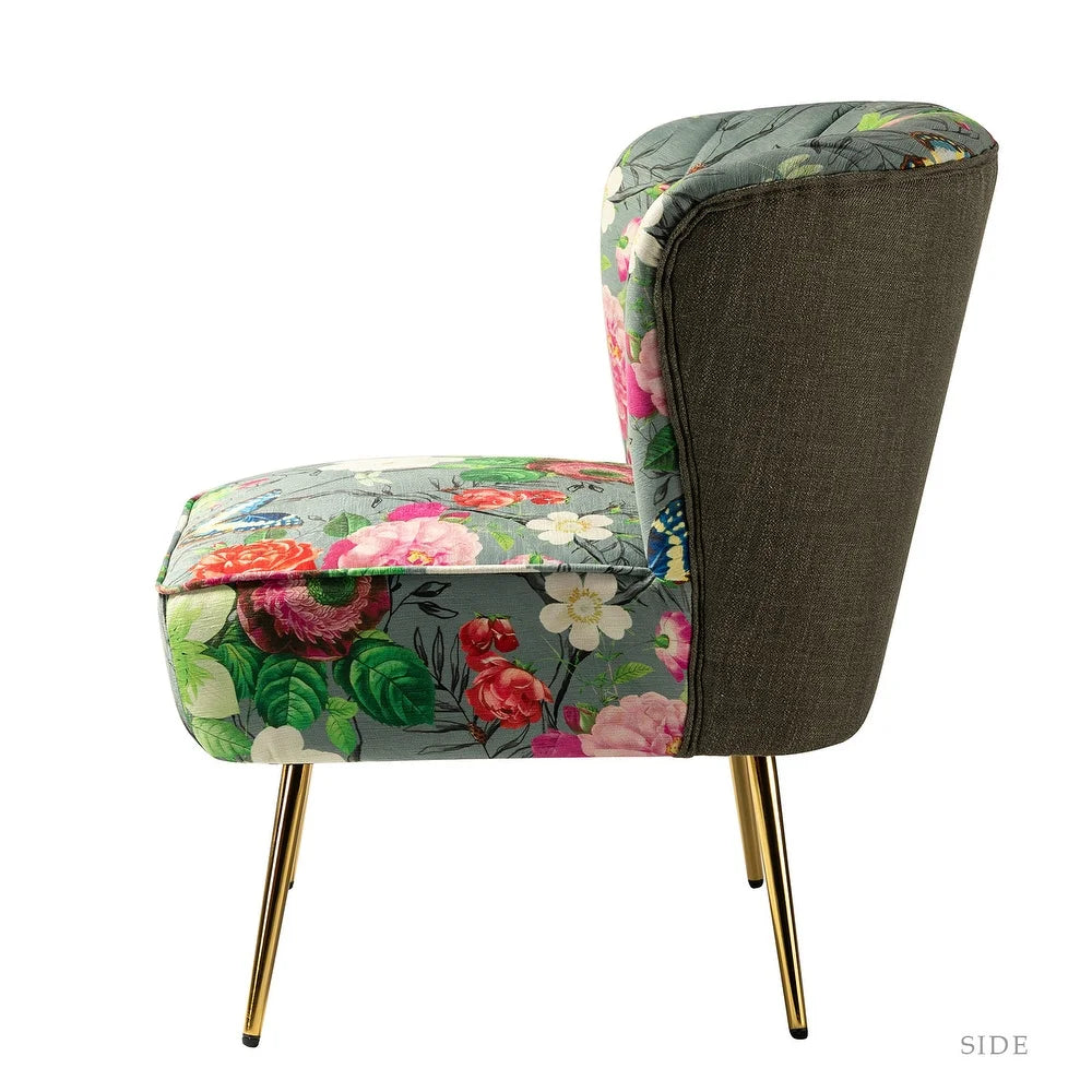 Udine Bold Classical Patterned Tufted Side Chair with Goldtone Legs