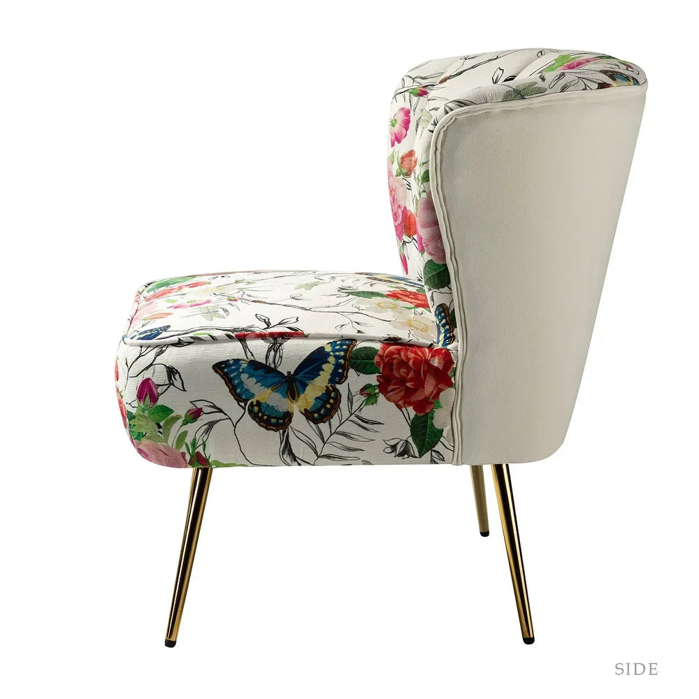 Udine Bold Classical Patterned Tufted Side Chair with Goldtone Legs