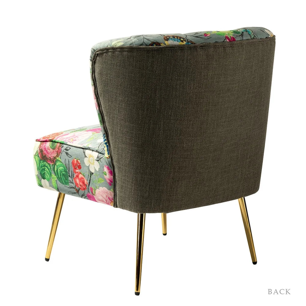Udine Bold Classical Patterned Tufted Side Chair with Goldtone Legs