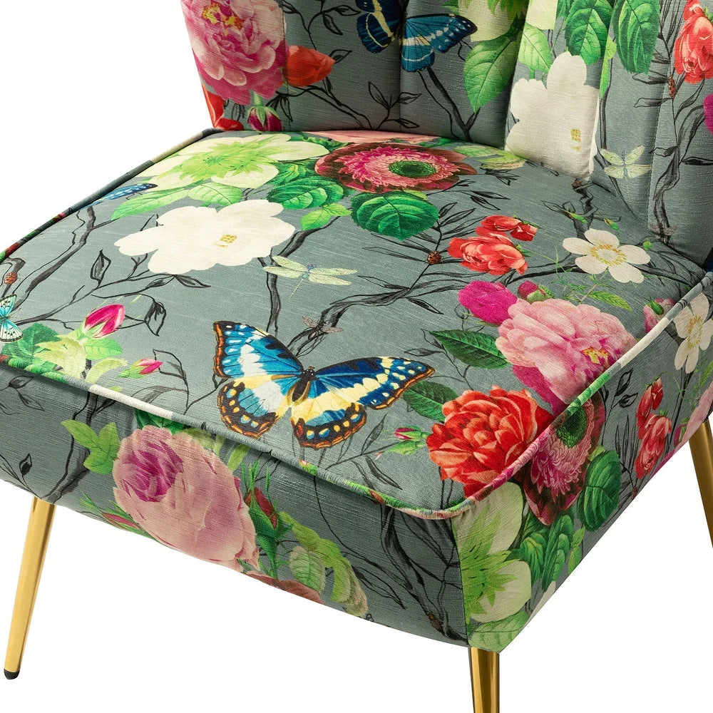 Udine Bold Classical Patterned Tufted Side Chair with Goldtone Legs