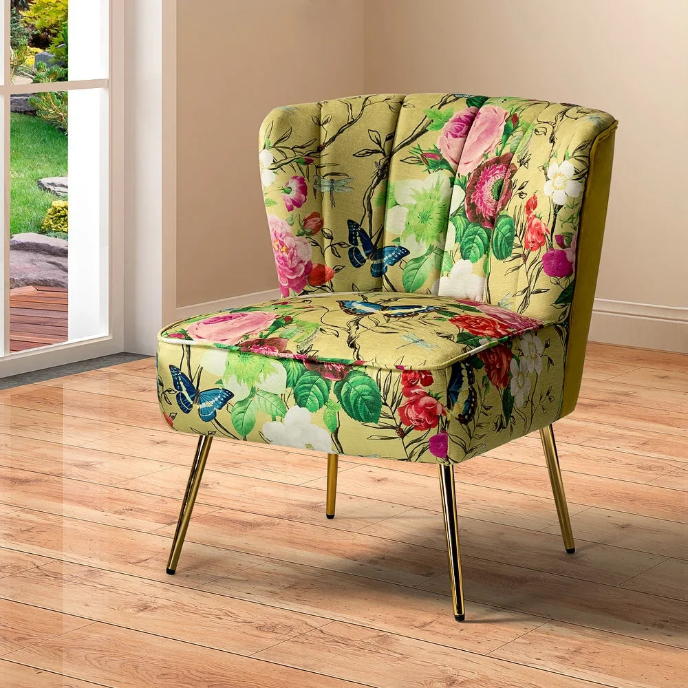 Udine Bold Classical Patterned Tufted Side Chair with Goldtone Legs