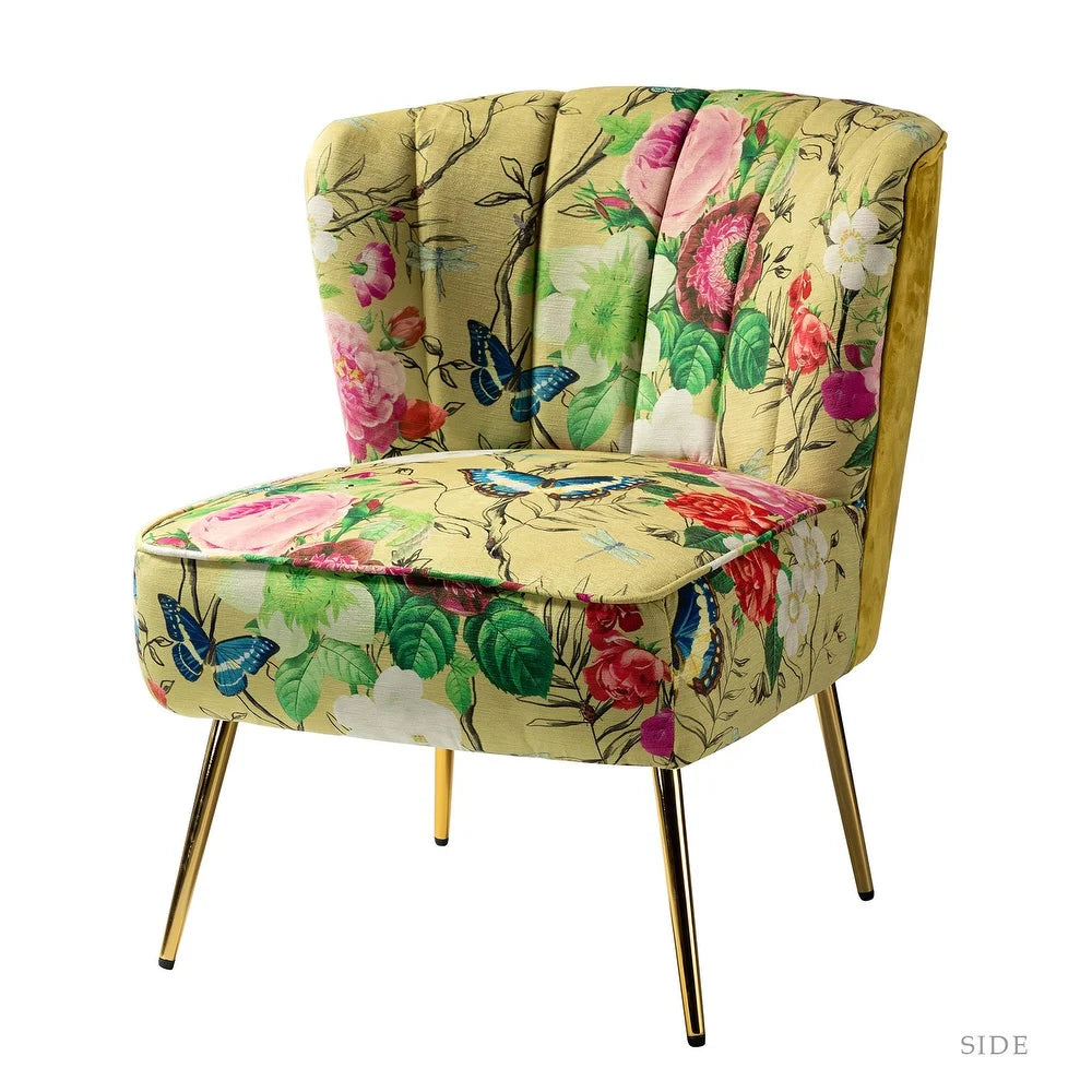 Udine Bold Classical Patterned Tufted Side Chair with Goldtone Legs