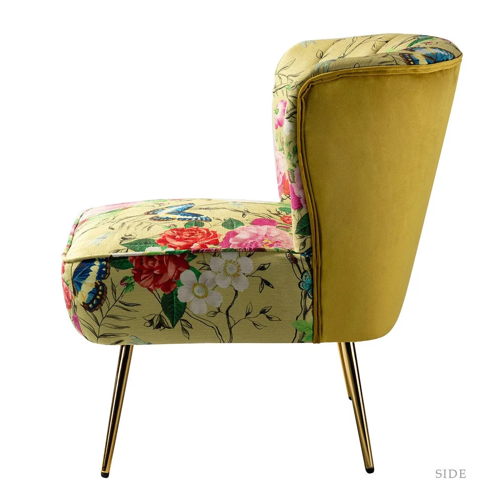 Udine Bold Classical Patterned Tufted Side Chair with Goldtone Legs