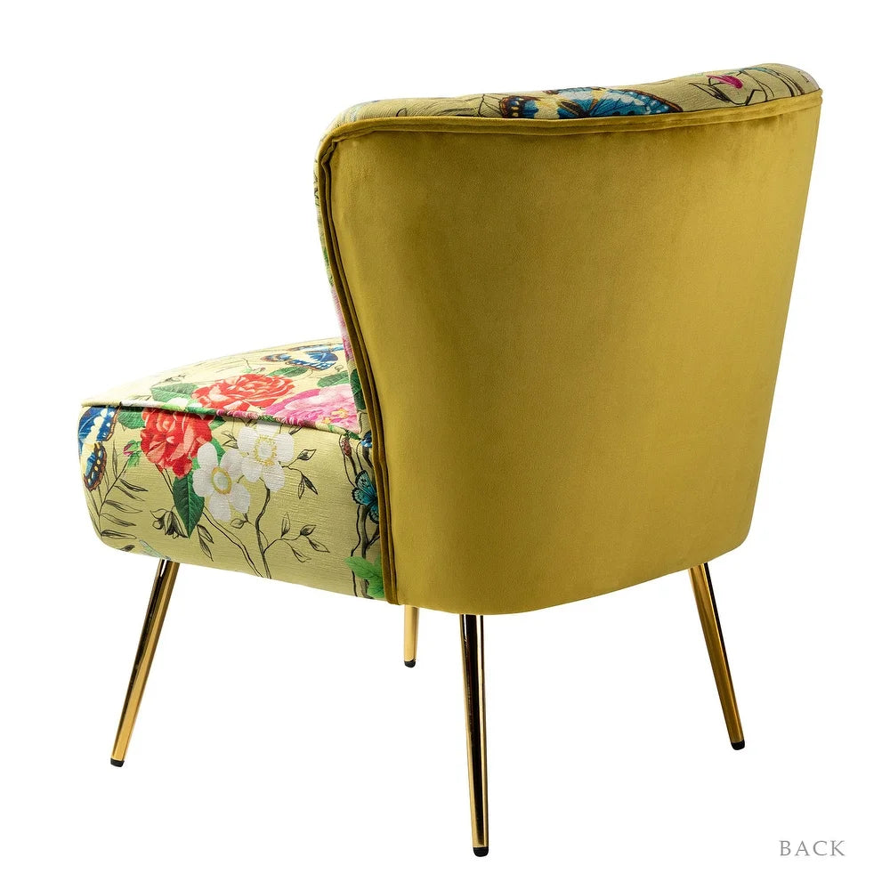 Udine Bold Classical Patterned Tufted Side Chair with Goldtone Legs