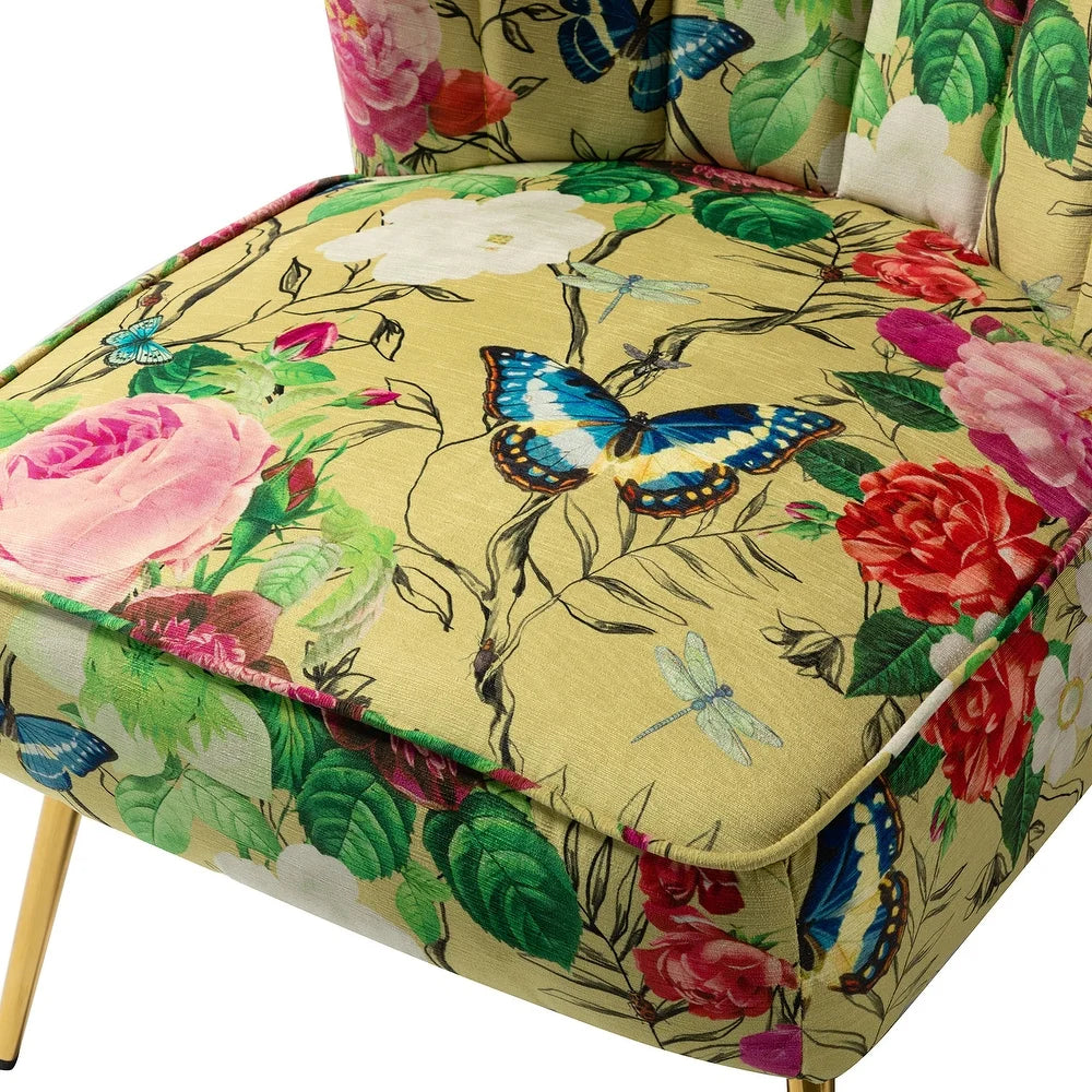 Udine Bold Classical Patterned Tufted Side Chair with Goldtone Legs