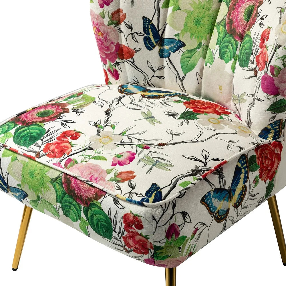 Udine Bold Classical Patterned Tufted Side Chair with Goldtone Legs