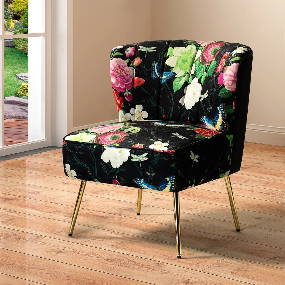 Udine Bold Classical Patterned Tufted Side Chair with Goldtone Legs