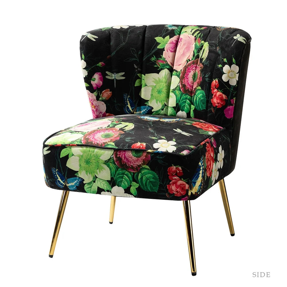 Udine Bold Classical Patterned Tufted Side Chair with Goldtone Legs