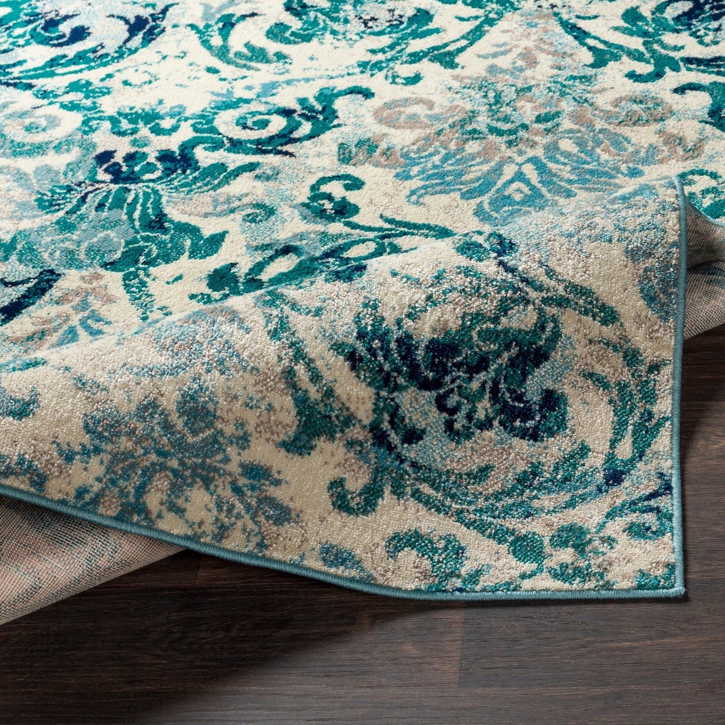 Damask Pattern Soft Teal Aqua Ivory Area Rug