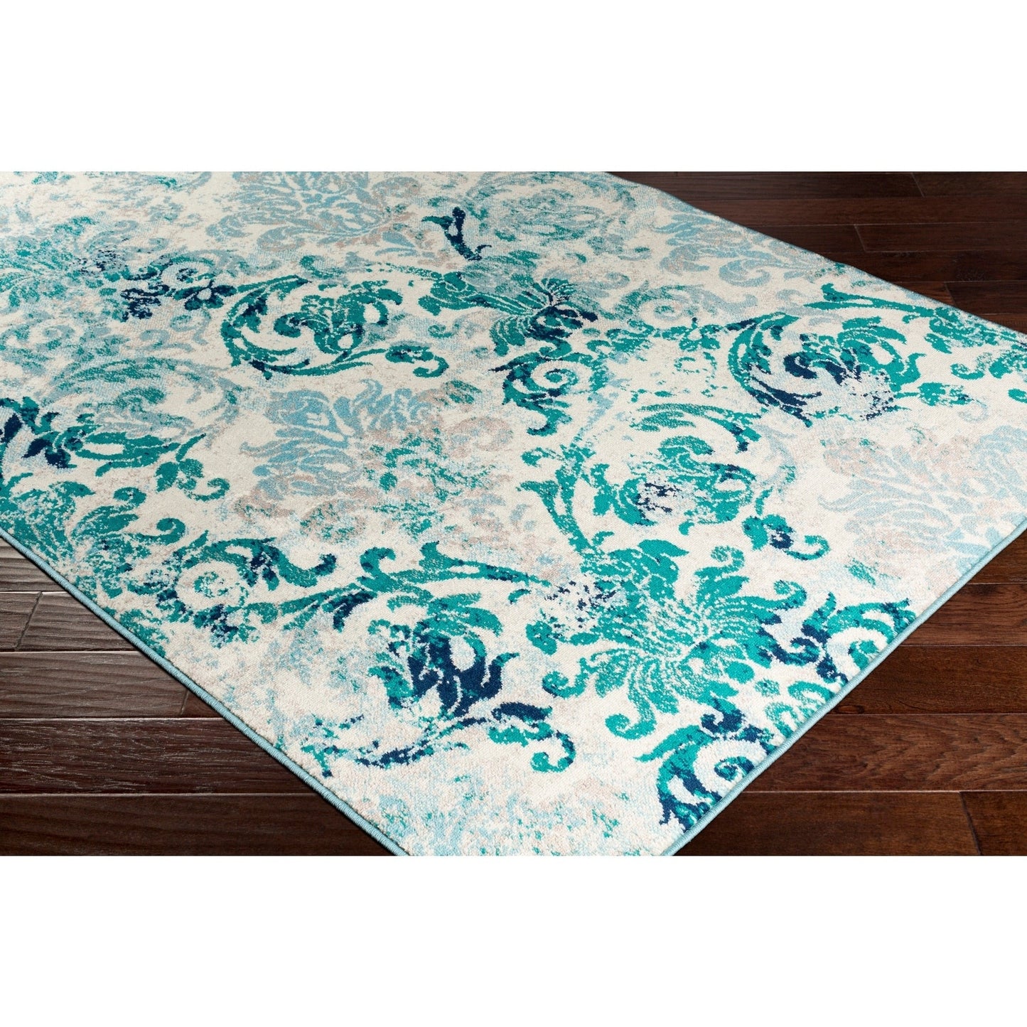 Damask Pattern Soft Teal Aqua Ivory Area Rug