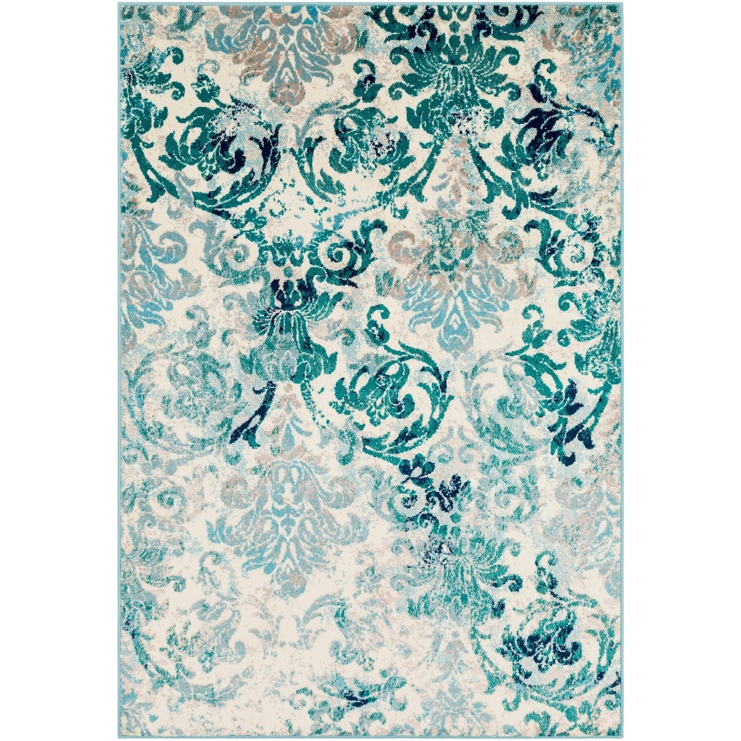 Damask Pattern Soft Teal Aqua Ivory Area Rug