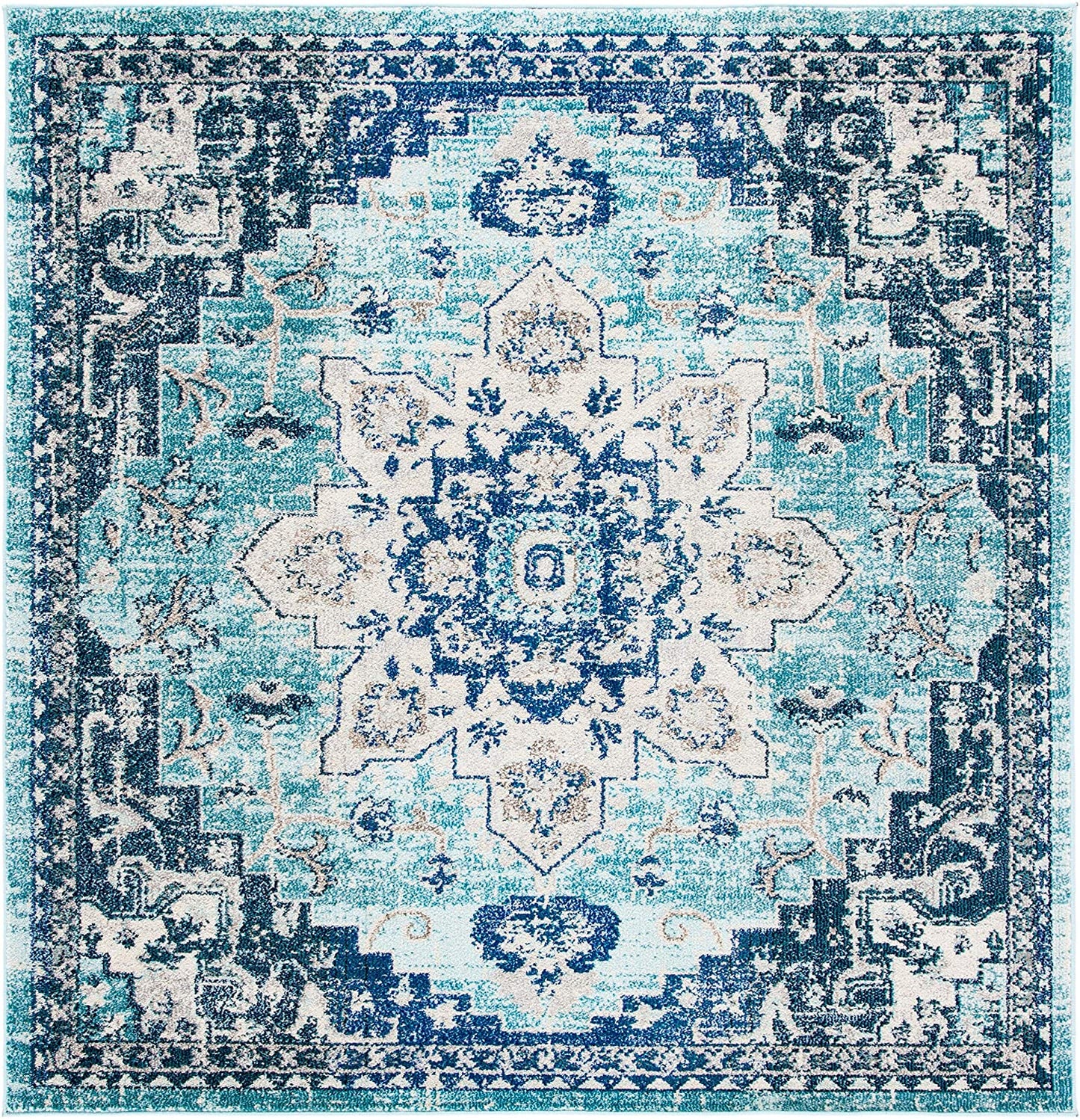 Boho Chic Medallion Distressed Soft Area Rug, Teal / Navy