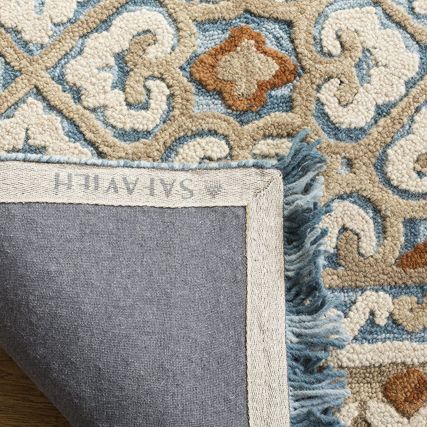 Blossom Collection BLM420A Handmade Fringe Premium Wool Area Rug, Light Beige / Blue