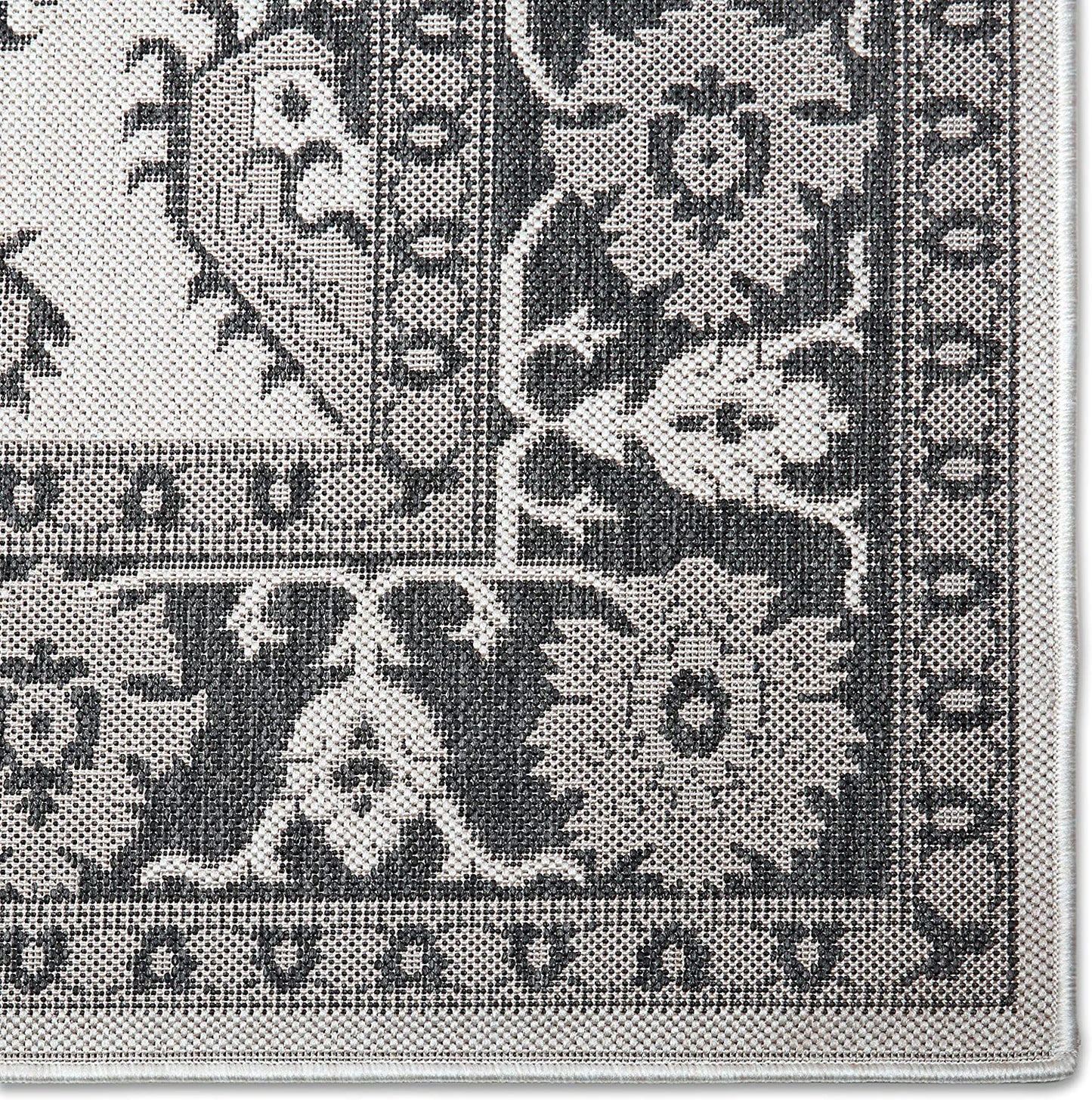 Floral Black Grey Indoor/Outdoor Area Rug - UV/Weather Resistant