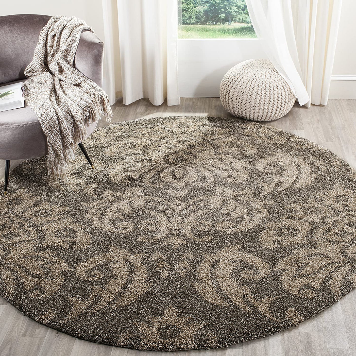 Damask Plush 1.2-inch Thick Shag Area Rug, Smoke / Beige